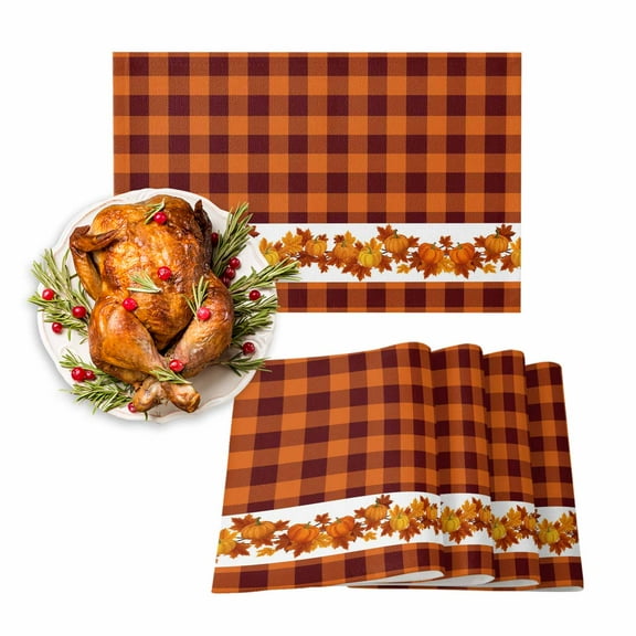 Fall Placemats Set of 4 Autumn Maple Leaves Pumpkin Place Mats Thanksgiving Placemat Orange Buffalo Plaid Table Mats for Dining Kitchen Table Holiday Dinner Party Home Fall Decorations 13x19 Inch