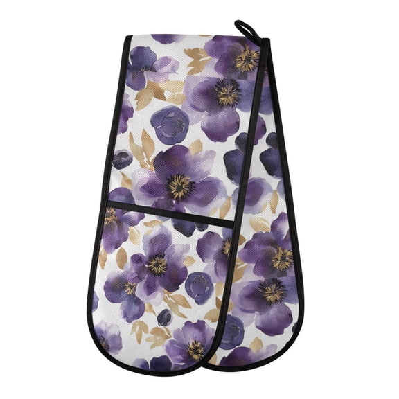 Heat-Insulating Gloves Two-Way Gloves Double Mitt Oven Mitts Suitable for Kitchen Ovens and Microwave Ovens Purple Flower Pattern