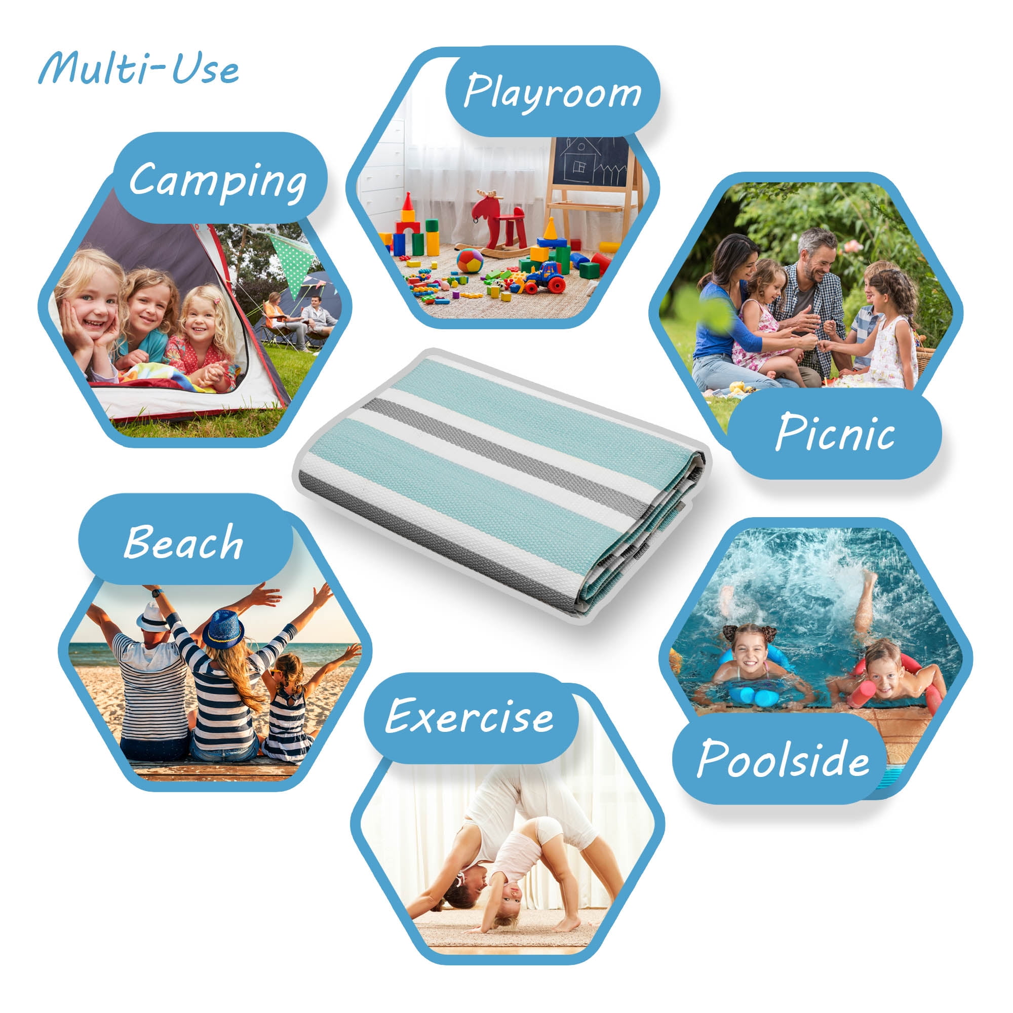 Luna Contemporary Stripe Sky and Gray Polypropylene Reversible Plastic Straw Outdoor Area Rug, 8'11'' x 11'10'' Rectangle
