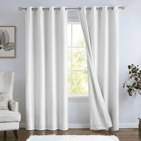 White Full Blackout Window Curtains for Bedroom Noise Reducing Room Darkening Thermal Insulated Drapes Heavy Linen Texture 8 Grommets Top for Living Room with White Liner, 52" x 54", 2 Panels