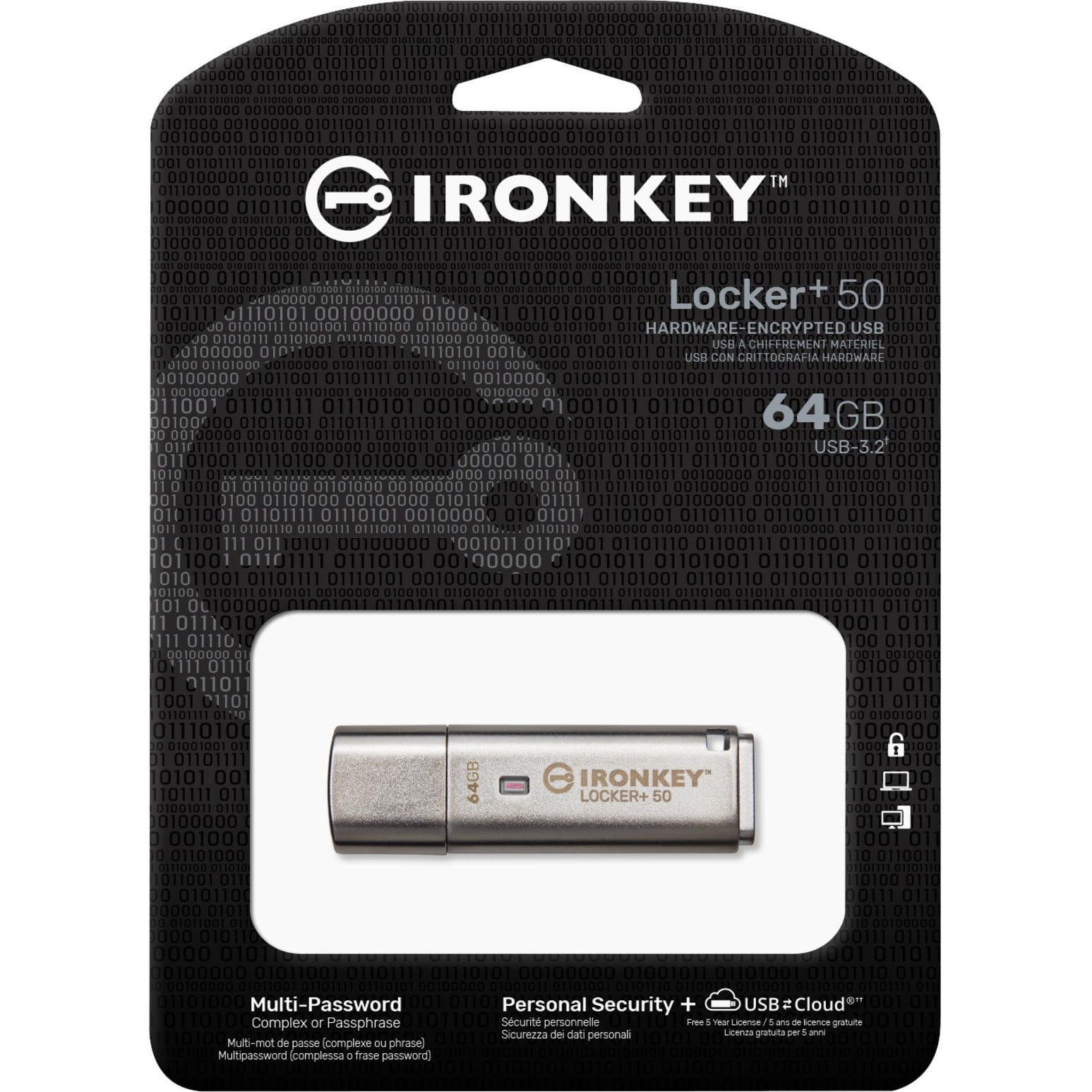Kingston IronKey Locker+ 50 64GB USB 3.2 Gen 1 Flash Drive - 256-bit AES Encryption, 145MB/s Read and 115MB/s Write Speed