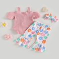 thumbnail image 4 of 3PCS Toddler Girl Short Sleeve Romper Rib Knit Button Bodysuit Flare Pants Clothes, 4 of 6