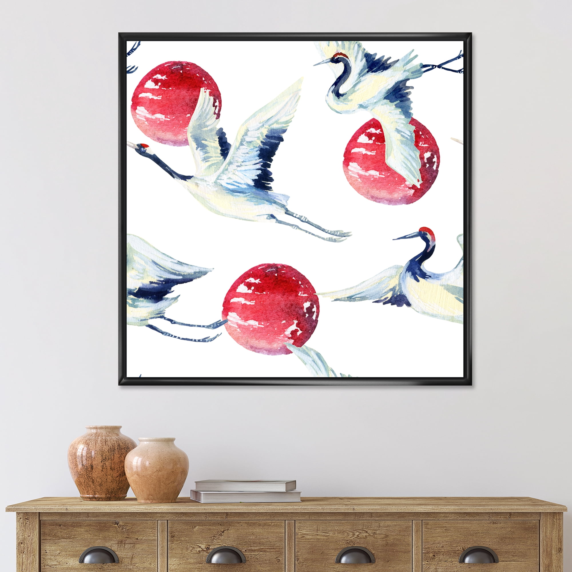 Designart 'Red Full Moon With Asian Crane Bird' Traditional Framed Canvas Wall Art Print