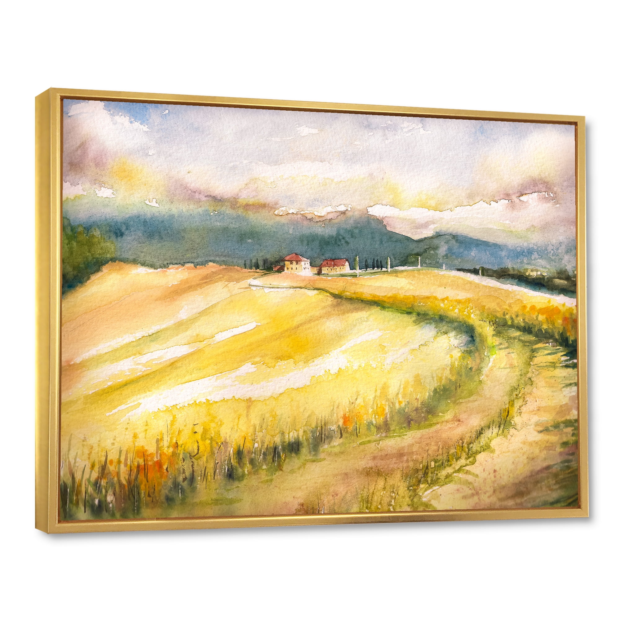 Designart 'Golden Grass Fields of Tuscany Italy' Country Framed Canvas Wall Art Print