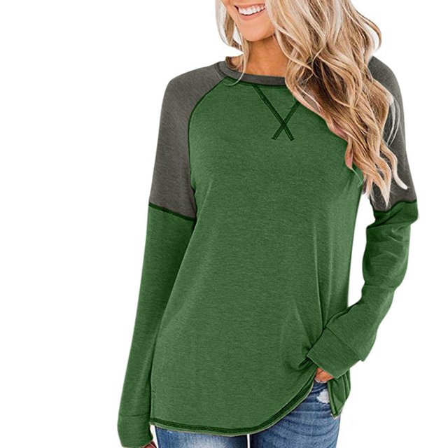Top informal de costura de Color sólido con cuello redondo a la moda para mujer de manga larga de otoño e invierno Pompotops FGAJ5211