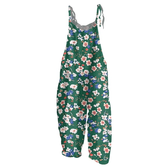 Women Bohemian Floral Overalls Loose Baggy Wide Leg Jumpsuit With Dual Pockets Green 4XL