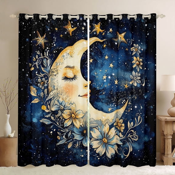Manfei Boys Girls Chic Floral Moon Black Out Curtains,Bohemian Theme Curtains Pack of 2 (42x63 Each),Starry Sky Bedroom Curtains,Microfiber Bedroom Decor