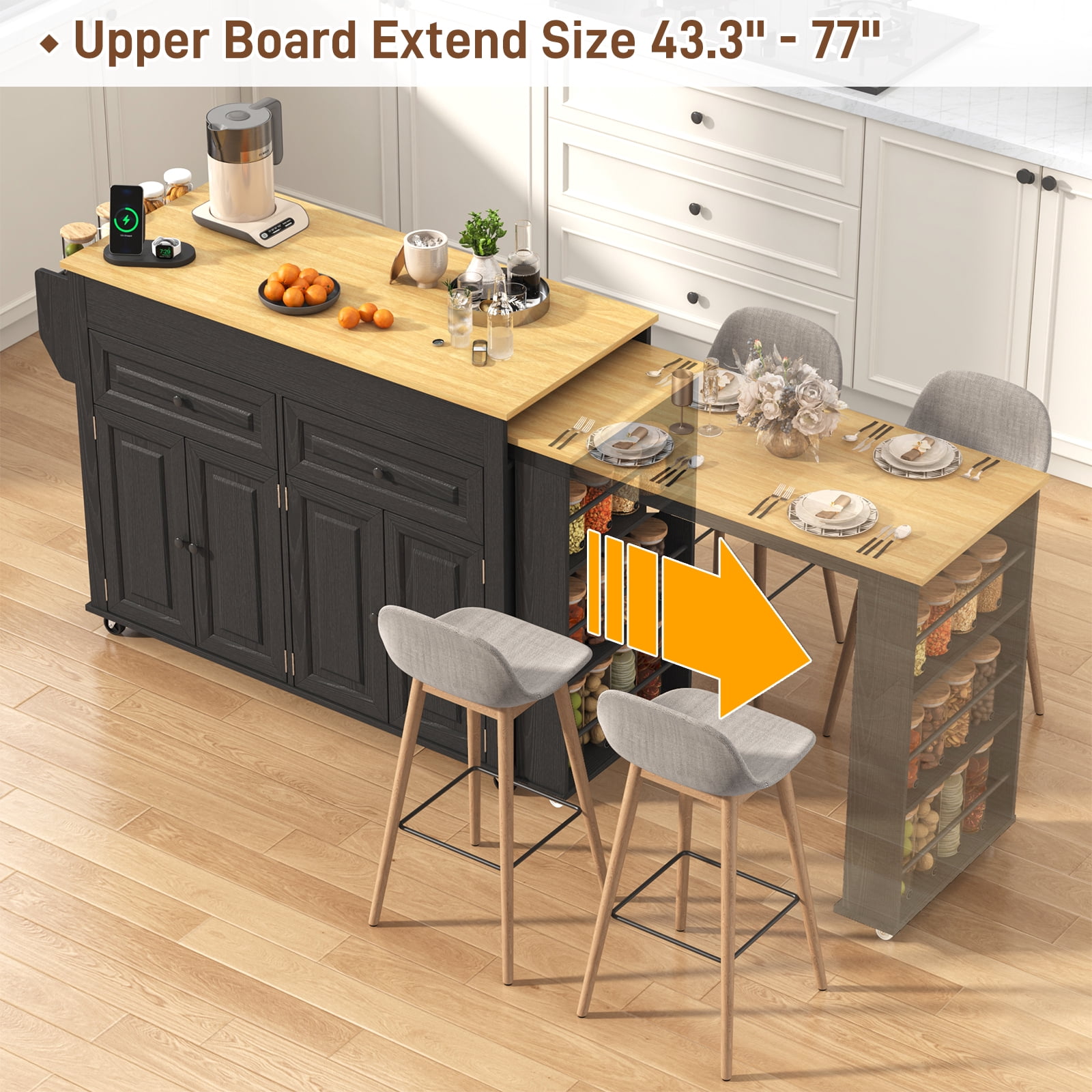 Blotout Large Extendable Kitchen Island Cart (80"-48") - Rolling on Wheels, with Extendable Dining Table, Power Outlet, 2 Cabinets, 2 Drawers & 3 Open Shelves