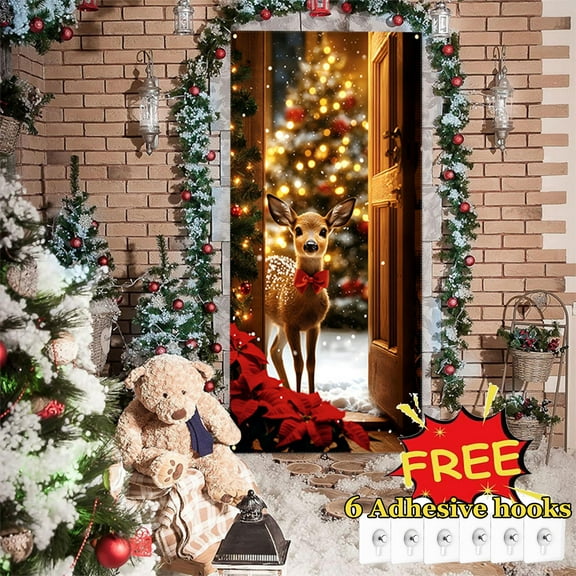 Tarmeek Christmas Door Cover Decorations, Cute Reindeer Backdrop Front Door Cover Xmas Decor Hanging Banner, Photography Background for Home Holiday Christmas Decorations