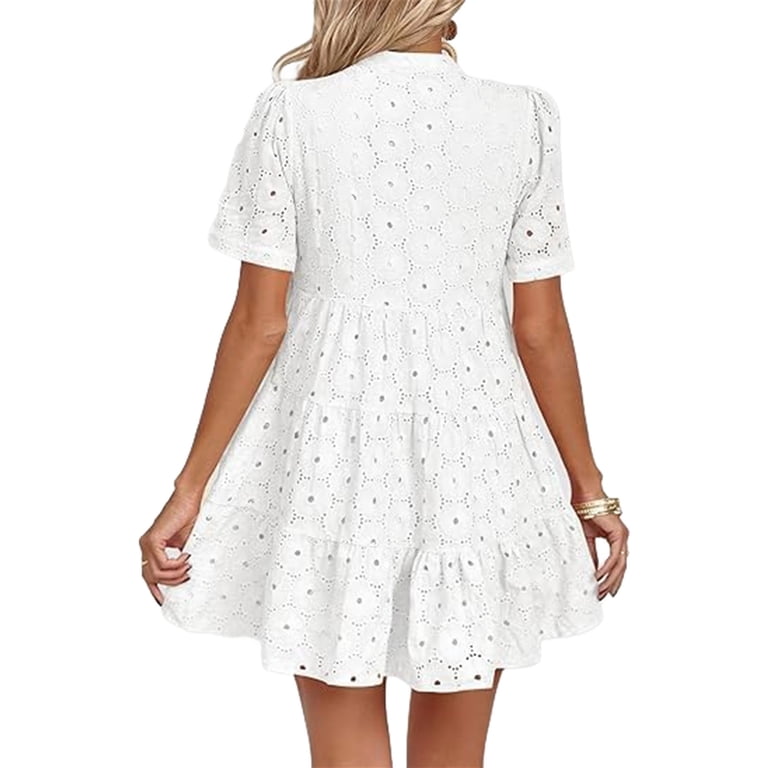 Popoship Short Sleeved Women V-neck A-line Loose Mini Eyelet Lace Dress, Women's, Size: Small Popoship Short Sleeved Women V-neck A-line Loose Mini Eyelet Lace Dress, Women's, Size: Small