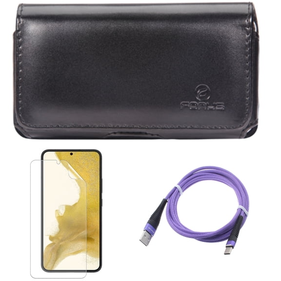 For Samsung Galaxy S21 (6.2") - Swivel Leather Case Belt Clip   Anti-Glare TPU Film Matte Screen Protector   Type-C Purple 6ft USB Cable