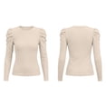 thumbnail image 4 of Blouses for Women Puff Shoulder Ribbed Tops Crew Neck Long Sleeve Shirts Solid Color Casual Blouse, 4 of 8