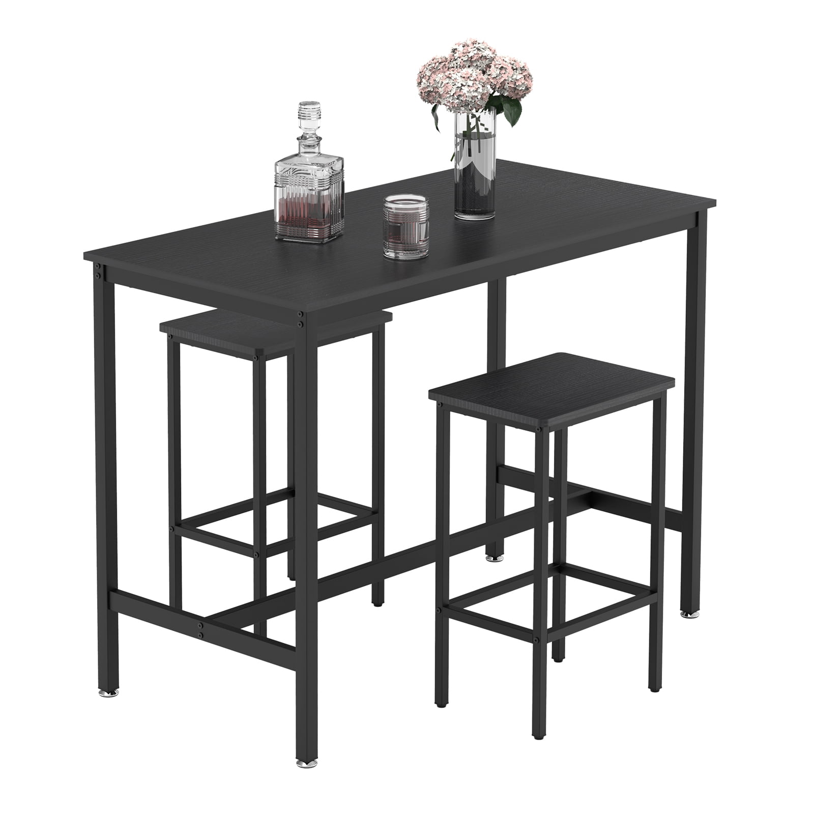 3 Piece Bar Table and 2 Chairs Set Counter Height Dining Set, Black