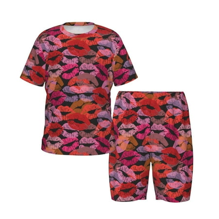Picia Red Lips Kissing Printed Boys  Kids-PJ Snug Fit Cotton Short Sleeve Top and Shorts 2 Piece Pajama Set-4X-Large