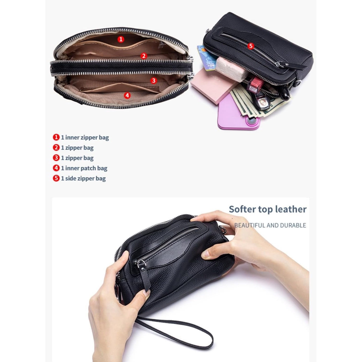 Wristlet Wallet for Unisex Genuine Small Crossbody Women Bags Double Zipper Pocket Cell Phone Pounch