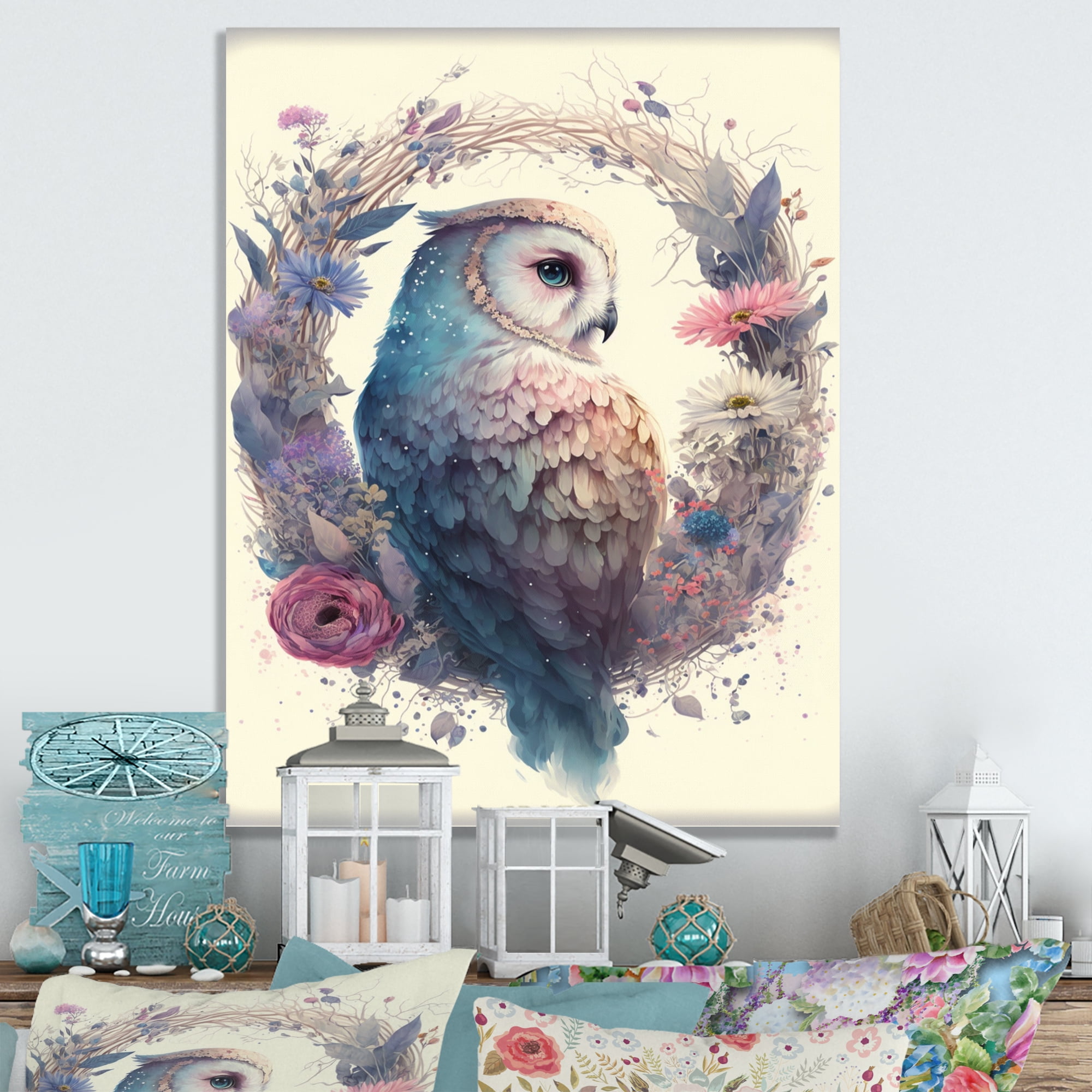 Designart Cute Owls Floral Art III Canvas Wall Art