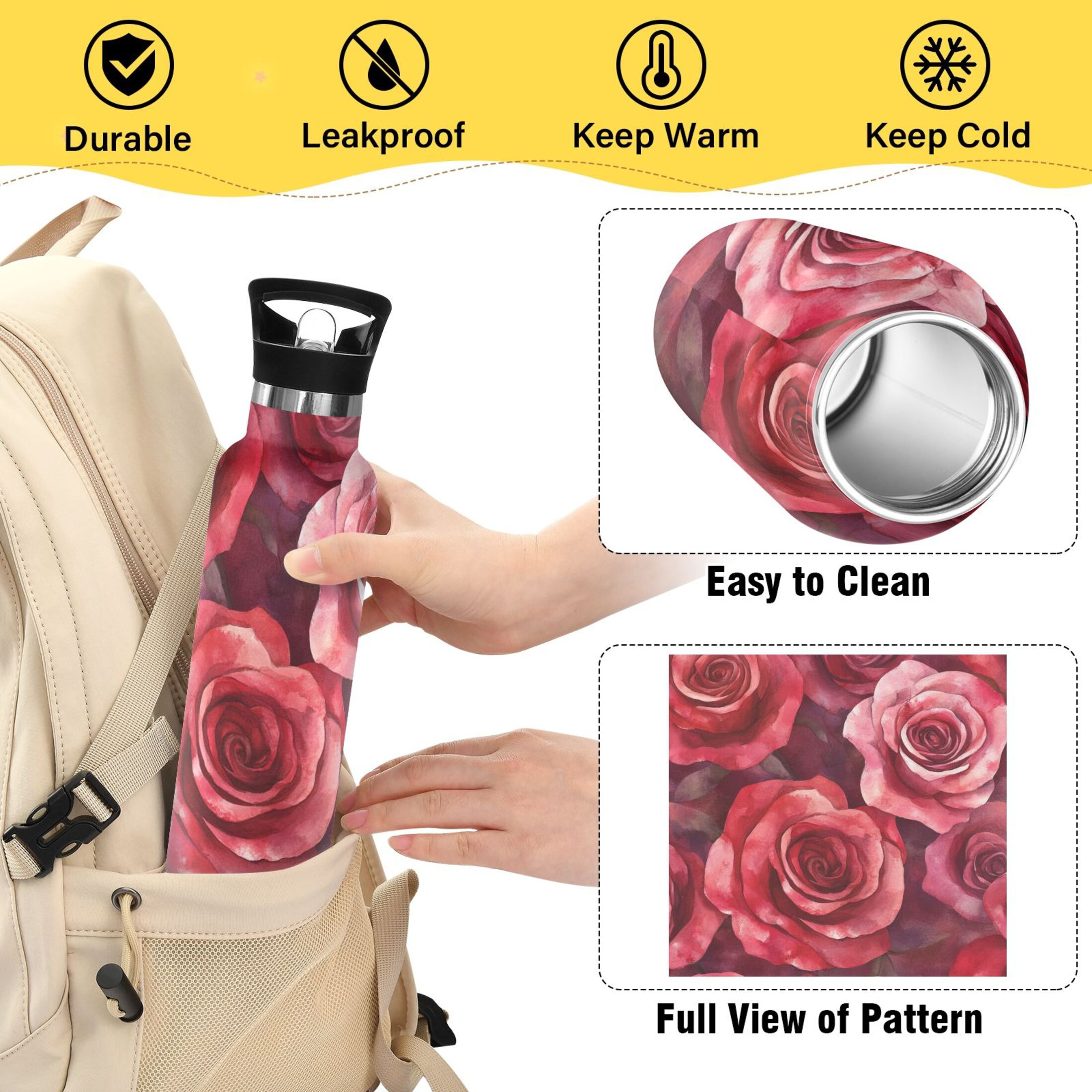 600ML Stainless Steel Insulated Cup Sports Water Bottle Portable Thermos Cup Water Glasses Insulated Tumblers Convenient and Durable Red Roses Seamless