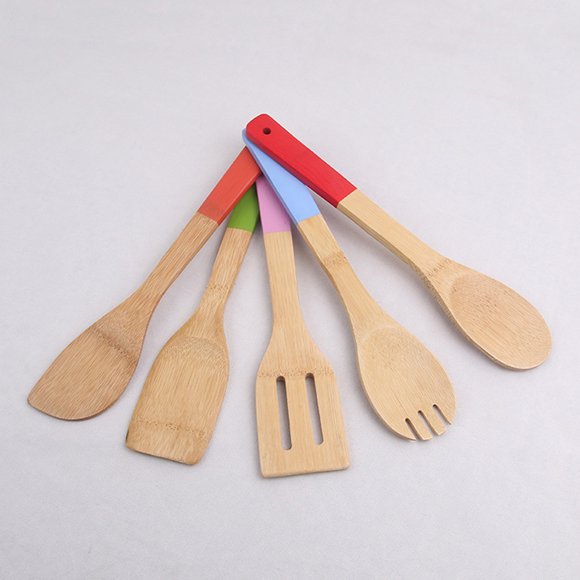 Raindrops Ensemble de 5 Spatules Spatule en Bambou avec Poignées Colorées, Convient aux Batteries de Cuisine Antiadhésives