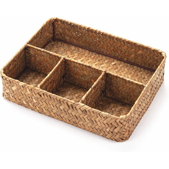 Seagrass Tea Bag and Sugar Packet Holder - 3-Compartment Wicker Coffee Station Organizer, Rattan Storage Basket for Countertop, Shelf & Drawer, Rustic 2026 Easter Brunch Decor