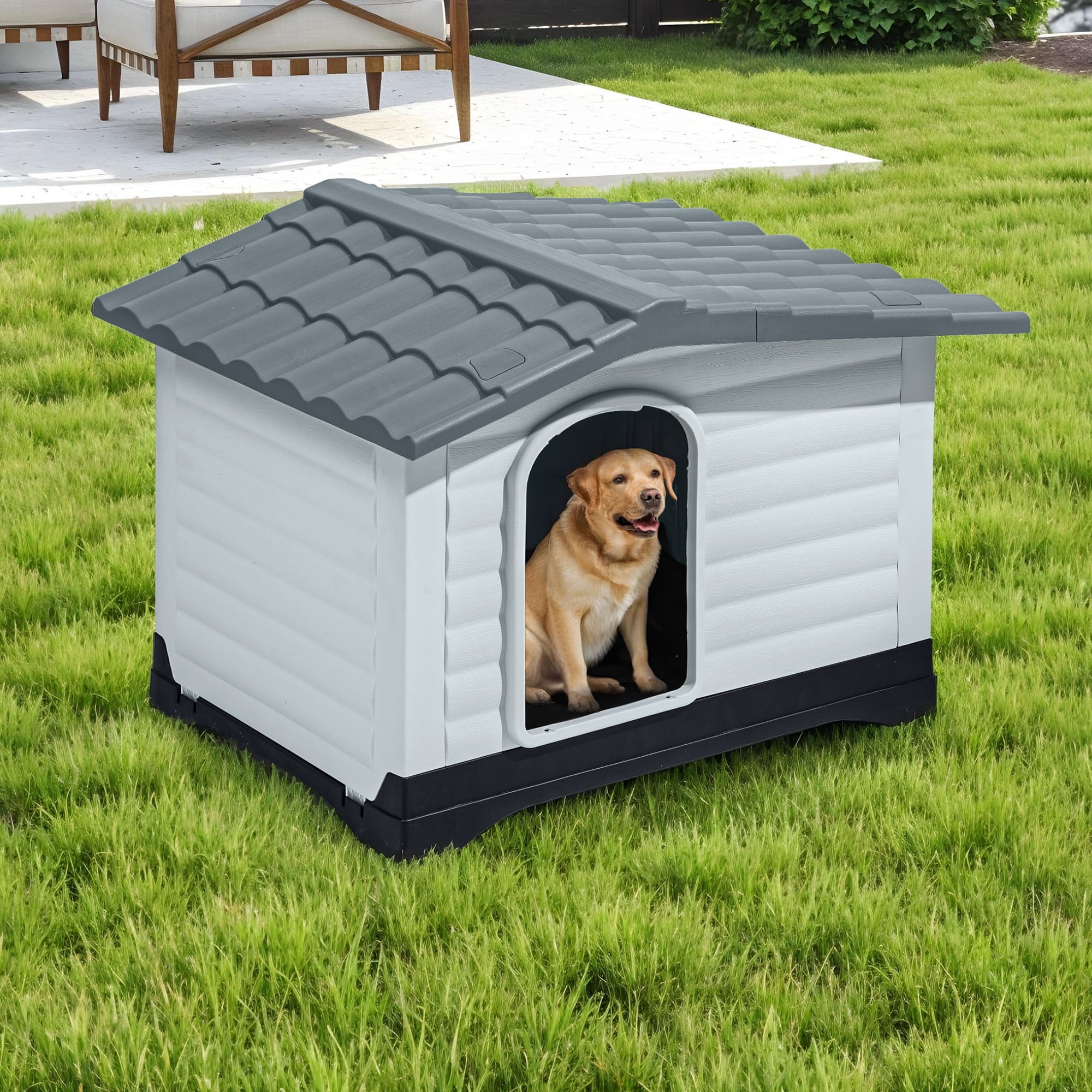 Uforic 43.7"Large Waterproof Plastic Dog House with Porch & Cushion, Outdoor Indoor Double Door Doghouse,Gray,43.7"L x 33"W x 31.6"H