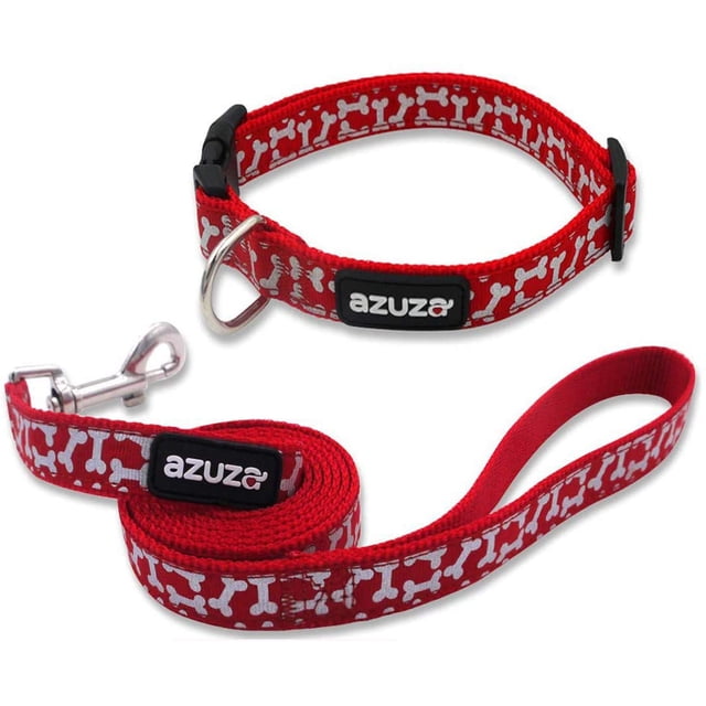 azuza Dog Collar and Leash Set Cute Bone Pattern Collar Leash for Small