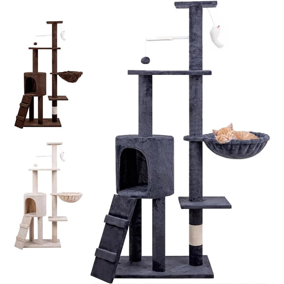 Árbol TrepadorY Rascador para Gatos Torre De Actividades De Varios Niveles Castillo con Escaleras, Hamaca Cubiertas De Felpa Seguro Y Duradero De 136X43X33CM (Gris)