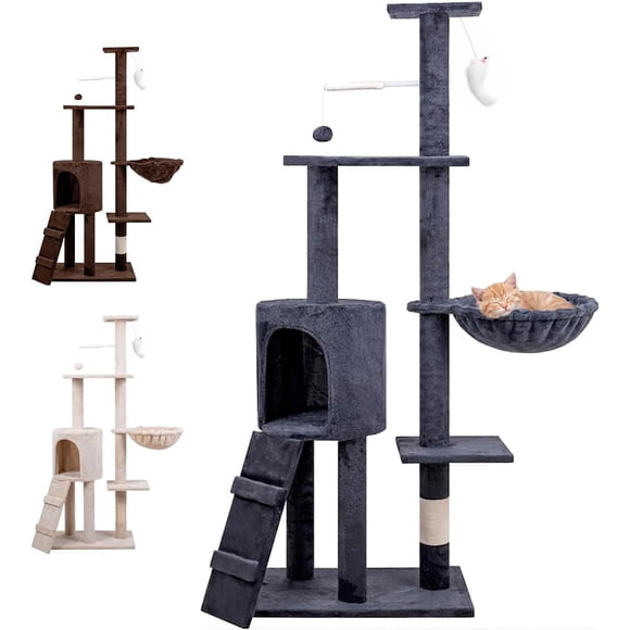 Árbol TrepadorY Rascador para Gatos Torre De Actividades De Varios Niveles Castillo con Escaleras, Hamaca Cubiertas De Felpa Seguro Y Duradero De 136X43X33CM (Gris)