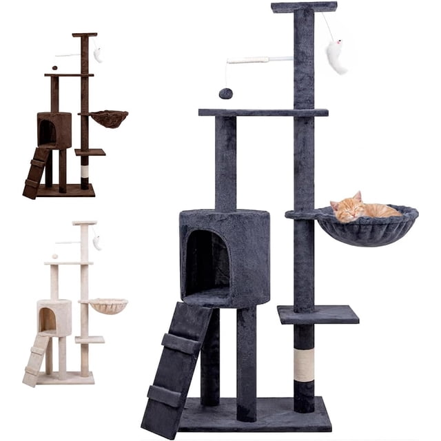 Árbol TrepadorY Rascador para Gatos Torre De Actividades De Varios Niveles Castillo con Escaleras, Hamaca Cubiertas De Felpa Seguro Y Duradero De 136X43X33CM (Gris)