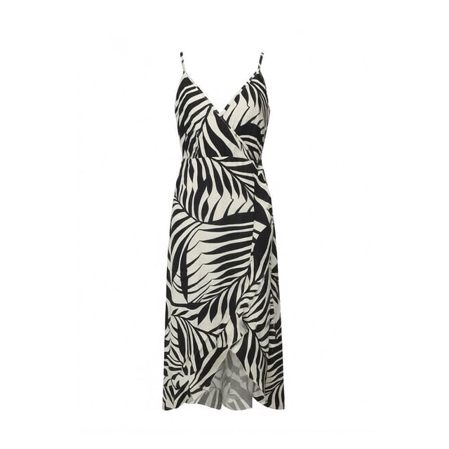 Ropa Playa Ocean Pacific para Mujer Vestido Largo Olanes Cuello V Sin Manga Elastico Hojas Negro Talla G