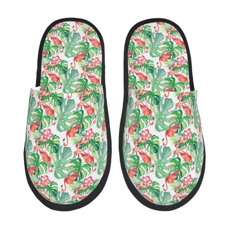 Balery Flamingo And Monstera Slient Indoor Furry Fleece Comfort House Shoes Soft Non-Slip Home Shoes Cotton slippers House Slippers-- Large