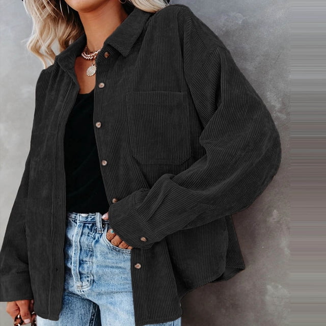 Mikilon Ladies Corduroy Buttoned Cardigan Long Sleeve Lapel Loose Padded Shirt Top
