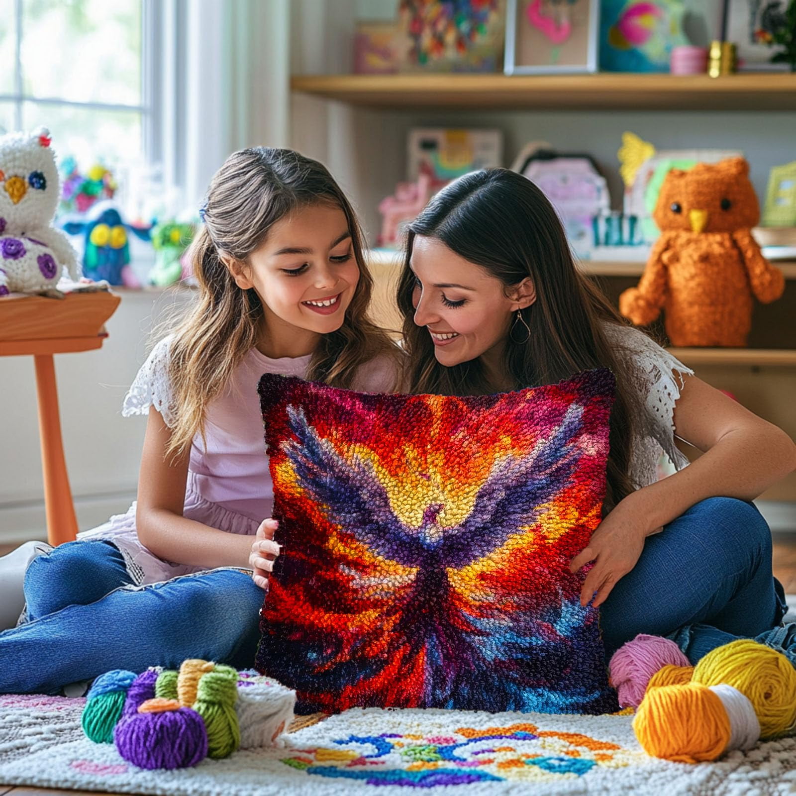 Flying Bird in Fire DIY Latch Hook Pillow Kits for Adults Printed Pillowcase Crochet Yarns Hooking Handmade Pillow Cover Cushion for Home Sofa Decoration 17x17inch(1)