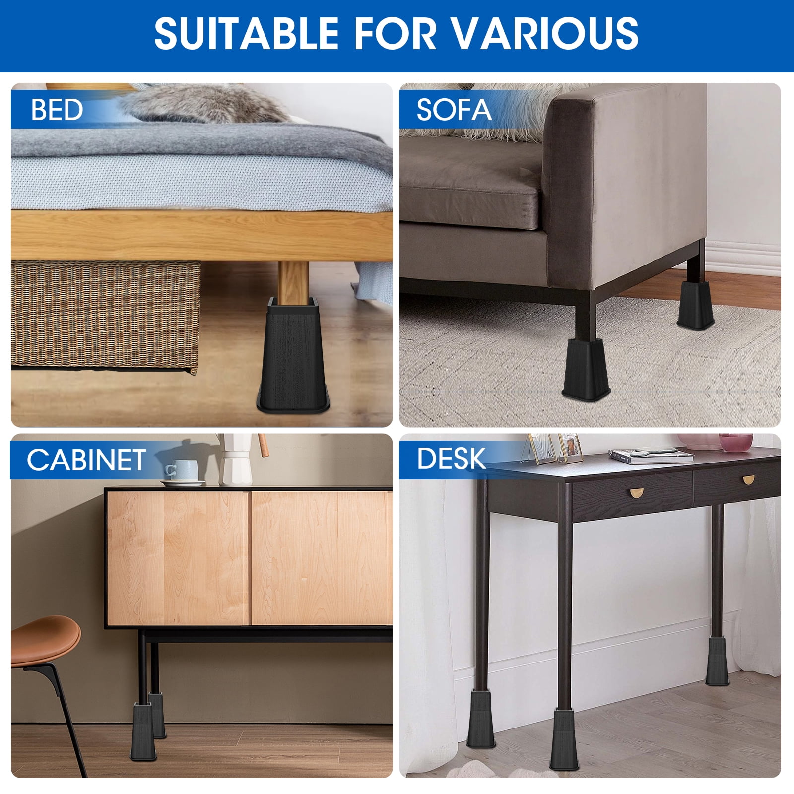 Bed Risers 12 Inch Heavy Duty, Stackable Furniture Risers Lifts 4inch 8inch, 12inch for Table, Desk Leg, Sofa, Couch, Supports Up to 6,000 Lbs, Black, 4 Pack