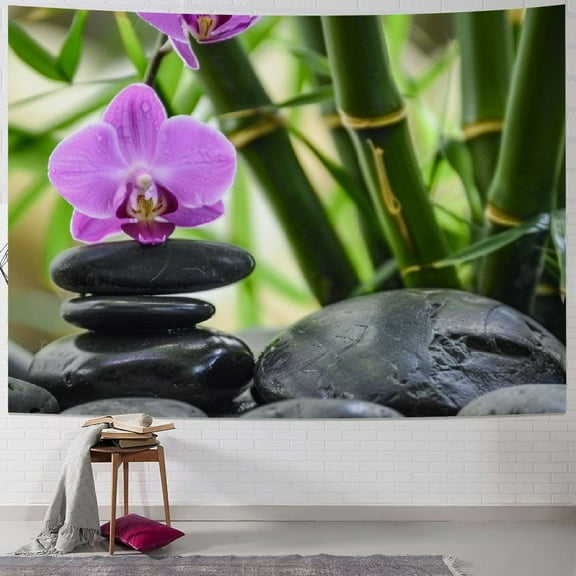 Fenyluxe  Zen Tapestry Wall Hanging Bamboo Leaves Spa Garden Purple Floral Stones Lotus Flower Japanese Relaxation Meditation Tapestries Home Decor for Living Room Bedroom Kitchen 40x30inch