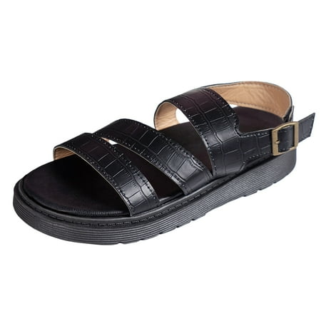 

LBECLEY Summer Womens Sandals Thick Soled Round Toe Leather Buckle Sandals For Women In Large Size Hollowed Out Casual British Style Sandals Black Size 39