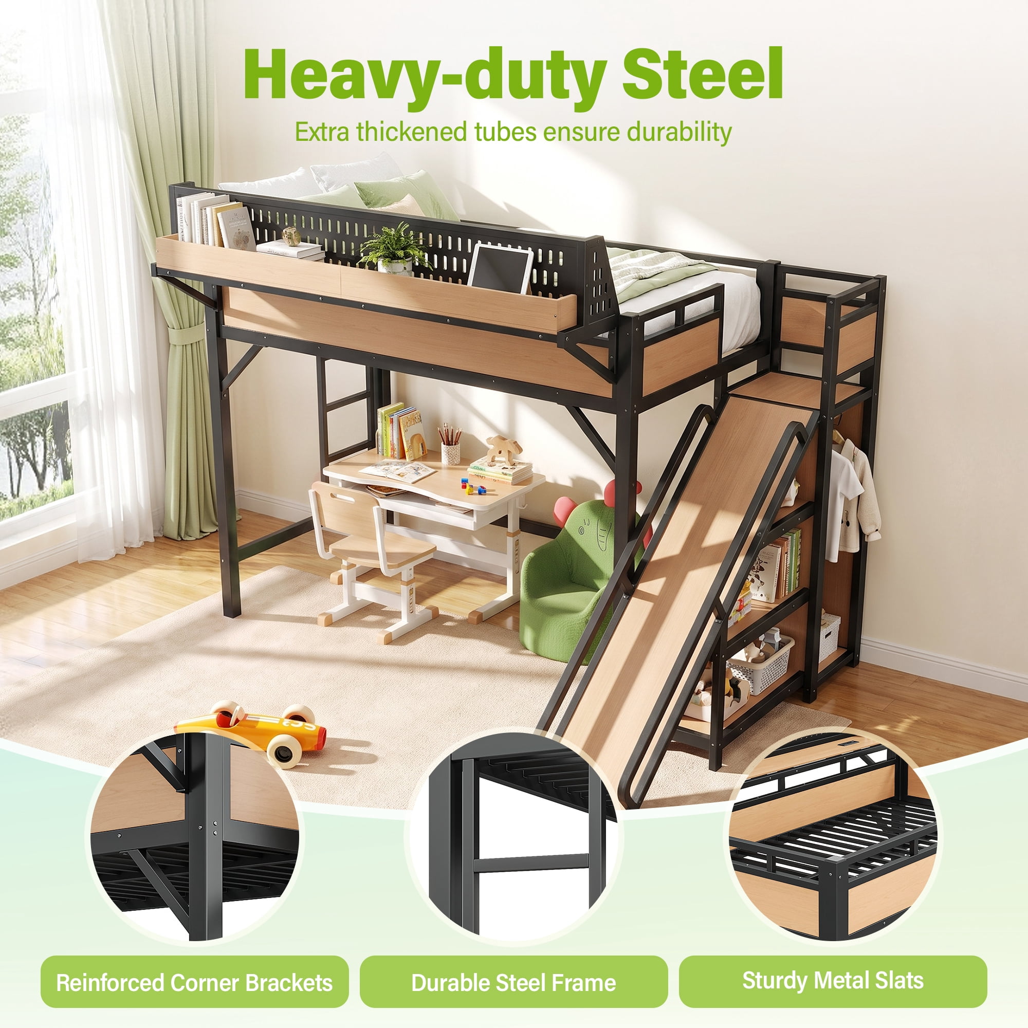 Aukfa Twin XL Loft Bed with Slide, Shelves, Wardrobe, USB Ports & LED Lights, Heavy-Duty Metal Bed Frame for Kids Teens Adults, Natural