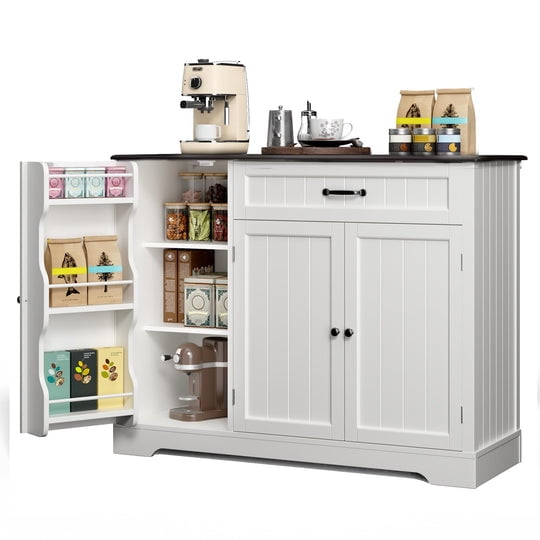 Aiho 42” Coffee Bar Cabinet with Storage, Kitchen Storage Cabinet, Sideboard Buffet Cabinet with 8 Shelves, 1 Drawer - White and Black
