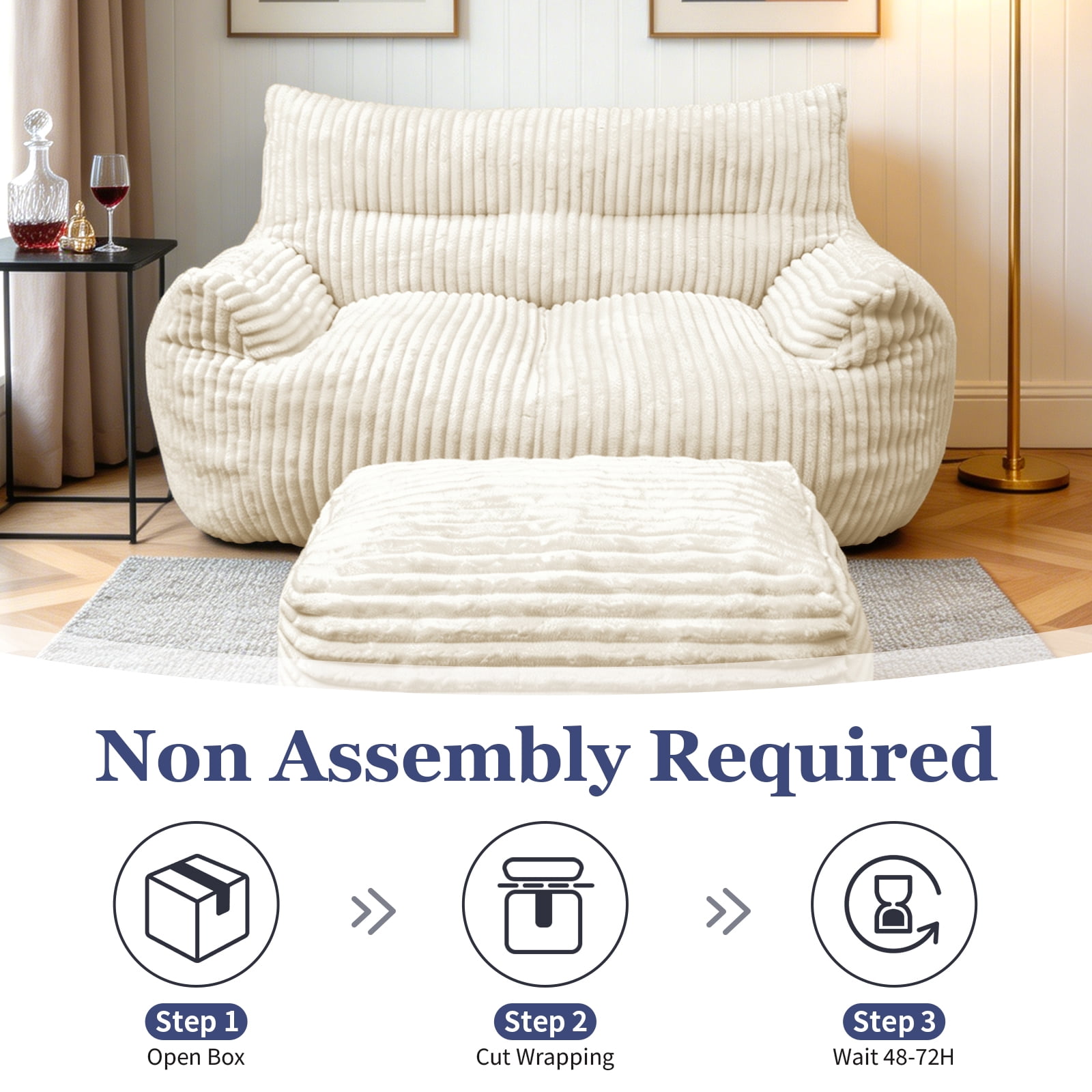 MOONMISS Corduroy Double Bean Bag Sofa with Ottoman 2-Seater Cloud Soft for Living Room Bedroom,Beige
