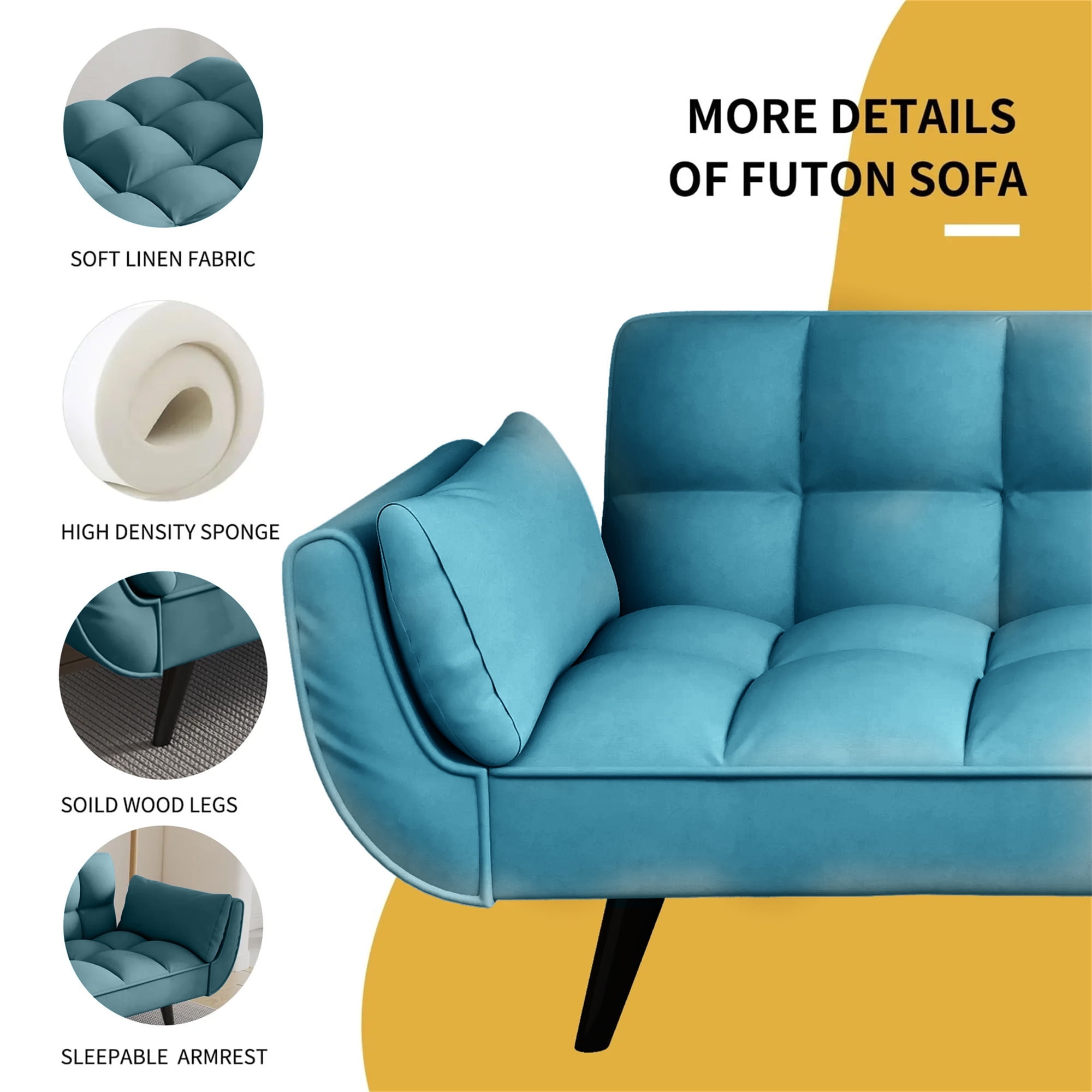 Aukfa 75" Flared Arm Futon Convertible Sofa Bed, Velvet Sleeper Couch for Home Office, Blue