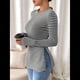 thumbnail image 5 of Camiseta de Larga A Rayas para Mujer, Cuello Redondo, Dobladillo con Abertura, Corte Entallado Negro L, 5 of 10