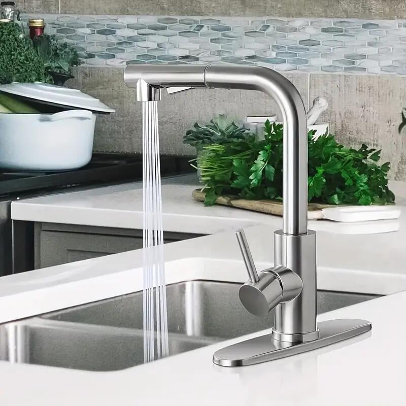 Brushed Nickel Kitchen Faucet Pull Down Sink Mixer Taps Single Handle with Cover