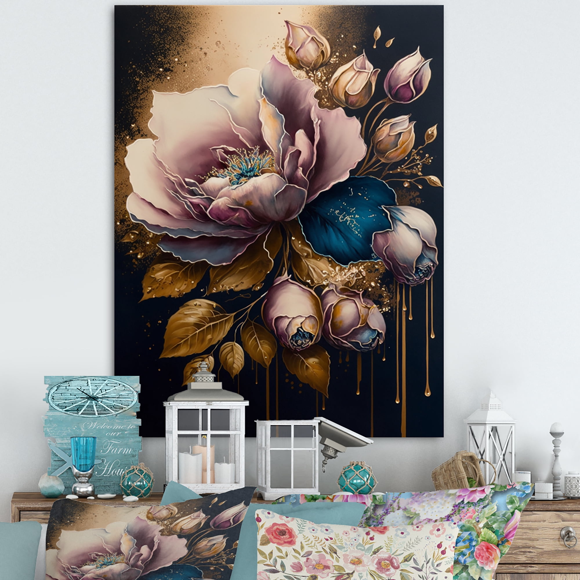 Designart Decadent Pink And Blue Roses II Canvas Wall Art