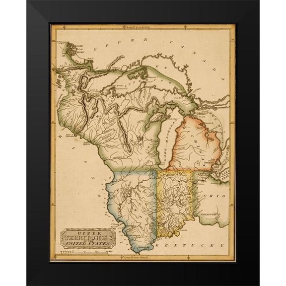 Vintage Maps 12x14 Black Modern Framed Museum Art Print Titled - Upper Territories of the United States 1817