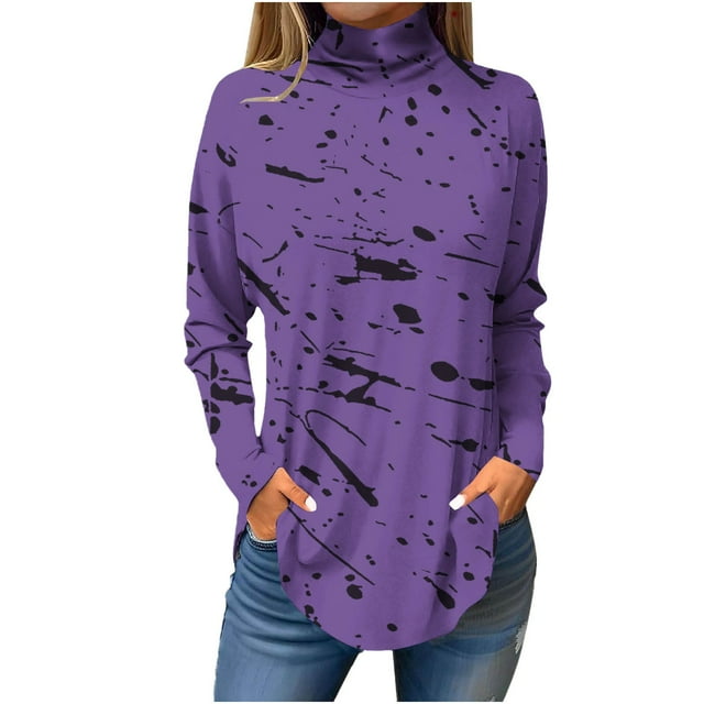 FAIWAD Plus Size Tops for Women Long Sleeve Round Neck Print Slim Stretch Pullover Tops