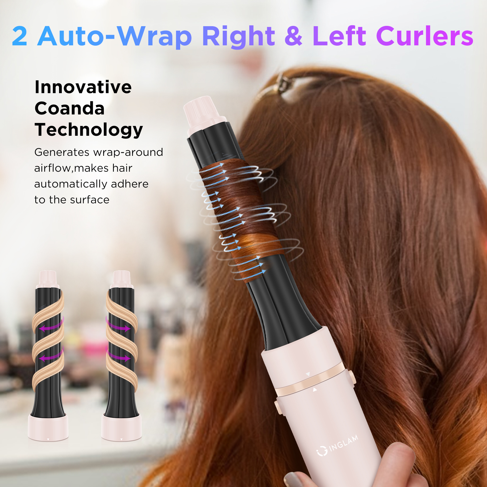 IG INGLAM 6 in 1 Hair Dryer Brush, No Hot Plate Air Straightener, Volumizer Hot Air Styler, High-Speed Hair Dryer, Massage Brush and Auto Wrap Curlers, Pink