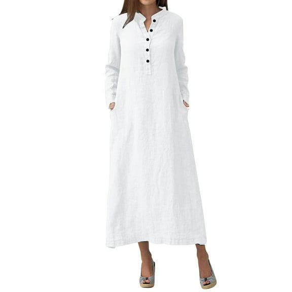 Casual Dresses for Women Winter Fall Long Sleeve Fashion Solid Color Round Button Up Midi Length Loose Dress