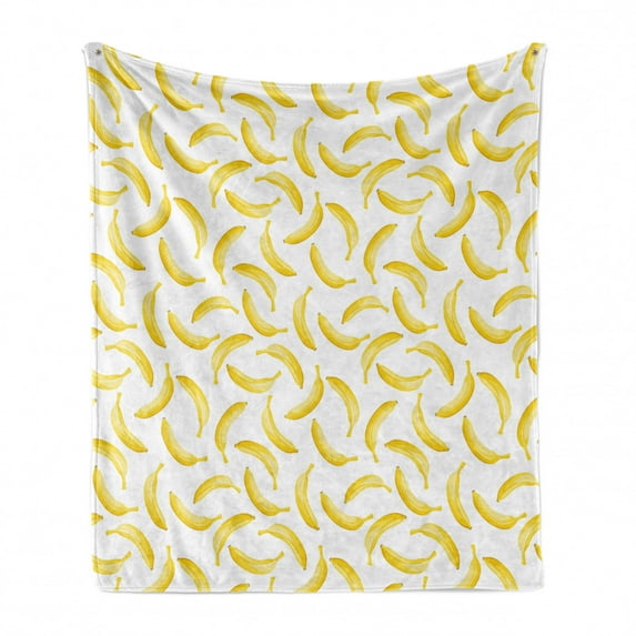 Yellow and White Soft Flannel Fleece Blanket, Cartoon Style Bananas Pattern Exotic Fresh Ripe Fruit Healthy Tropical, Cozy Plush for Indoor and Outdoor Use, 50" x 70", Yellow White, by Ambesonne