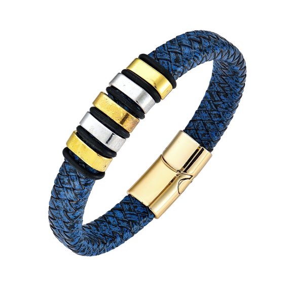 Raymard Classic Bracelet 8.3" Leather Bracelet for Men Navy Blue Braided Bracelet with Magnetic Clasp Wrist Cuff Bangle Ideal Gift