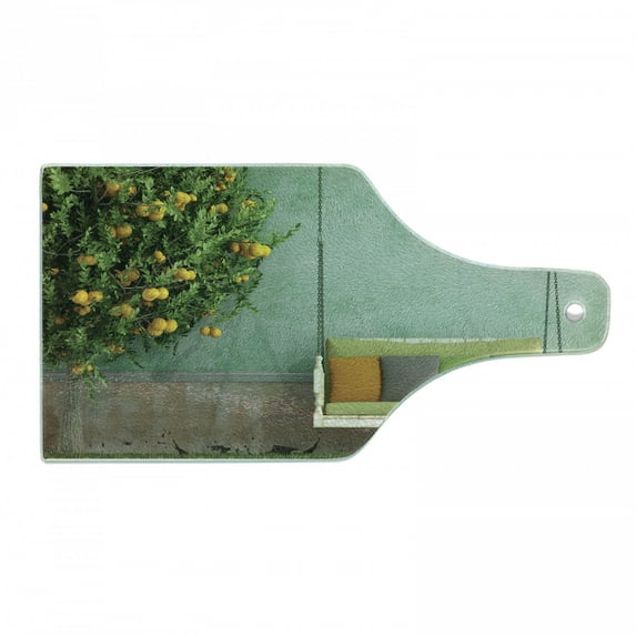 Garden Cutting Board, Vintage Wooden Swing in the Old House a Lemon Tree Summertime Theme, Decorative Tempered Glass Cutting and Serving Board, Wine Bottle Shape, Yellow Green, by Ambesonne