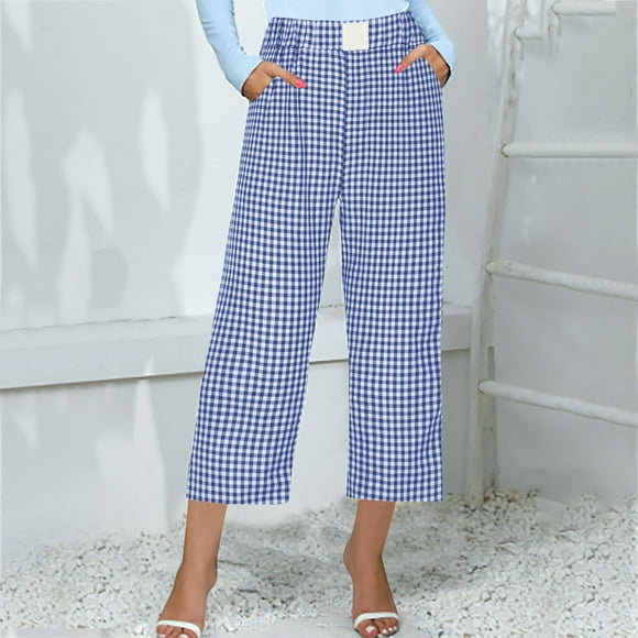 Jsaierl Womens Capri Pants Summer Elastic Waist Capri Shorts Petite Wide Leg Drawstring Skimmer Capris Beach Plaid Print Stretch Capris Capri for Women Clearance Under 10
